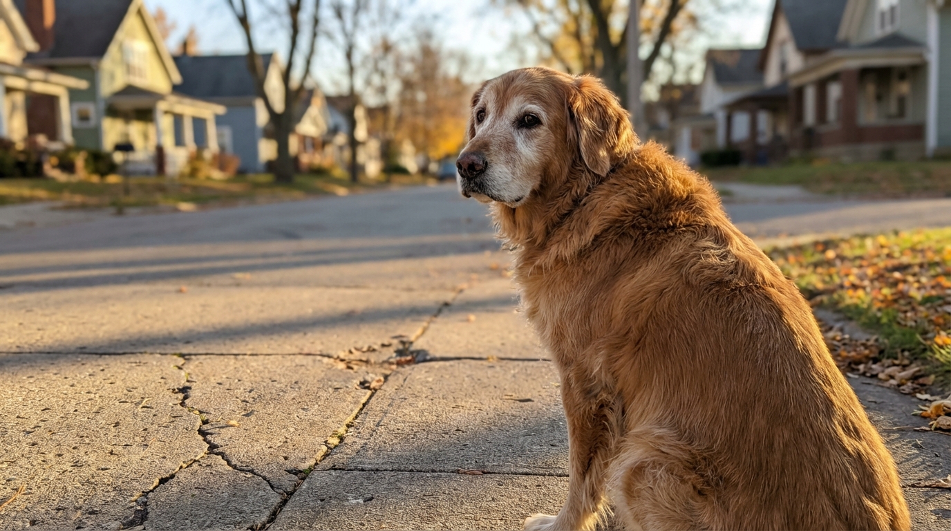 Un chien croisé Golden Retriever assis sur un trottoir, le regard empreint d'attente et de mélancolie, observant la rue.