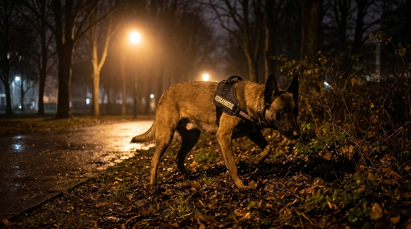Un berger belge malinois concentré, portant un harnais de gendarmerie, prêt pour une mission de recherche nocturne.