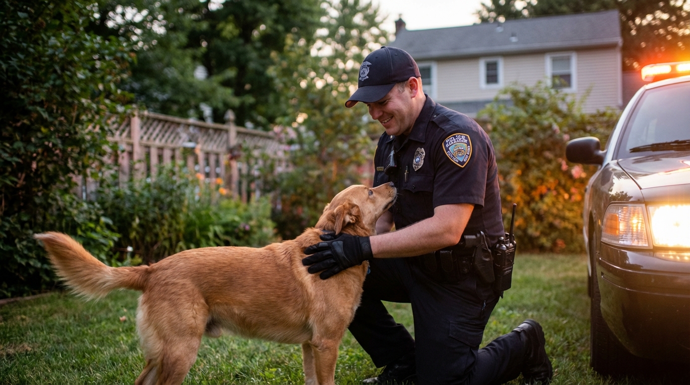 Un chien au regard attentif se tenant aux côtés d'un policier dans un jardin, illustrant le sauvetage d'un enfant de 3 ans.