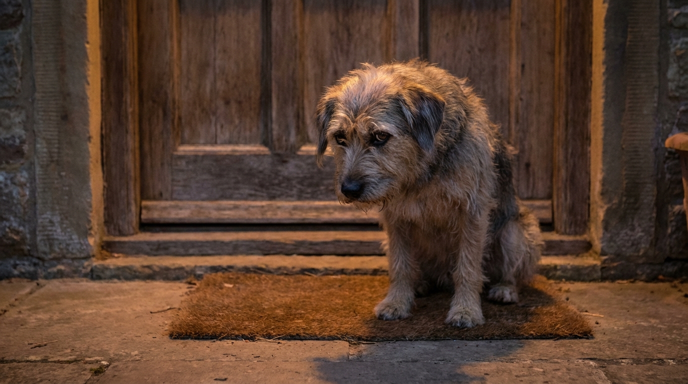 Un chien à l'air triste et inquiet, assis sur le seuil d'une porte, attendant le retour de sa propriétaire.