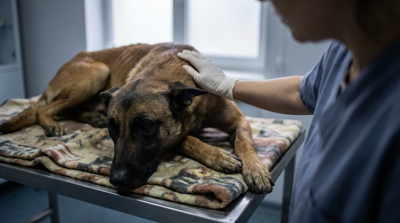 Un chien malinois au regard triste et affaibli, symbolisant la souffrance des animaux victimes de maltraitance.