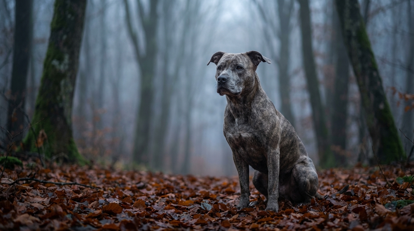 Un chien de type pitbull au regard intense, assis dans une forêt brumeuse, symbolisant la tragédie de l'affaire Elisa Pilarski.