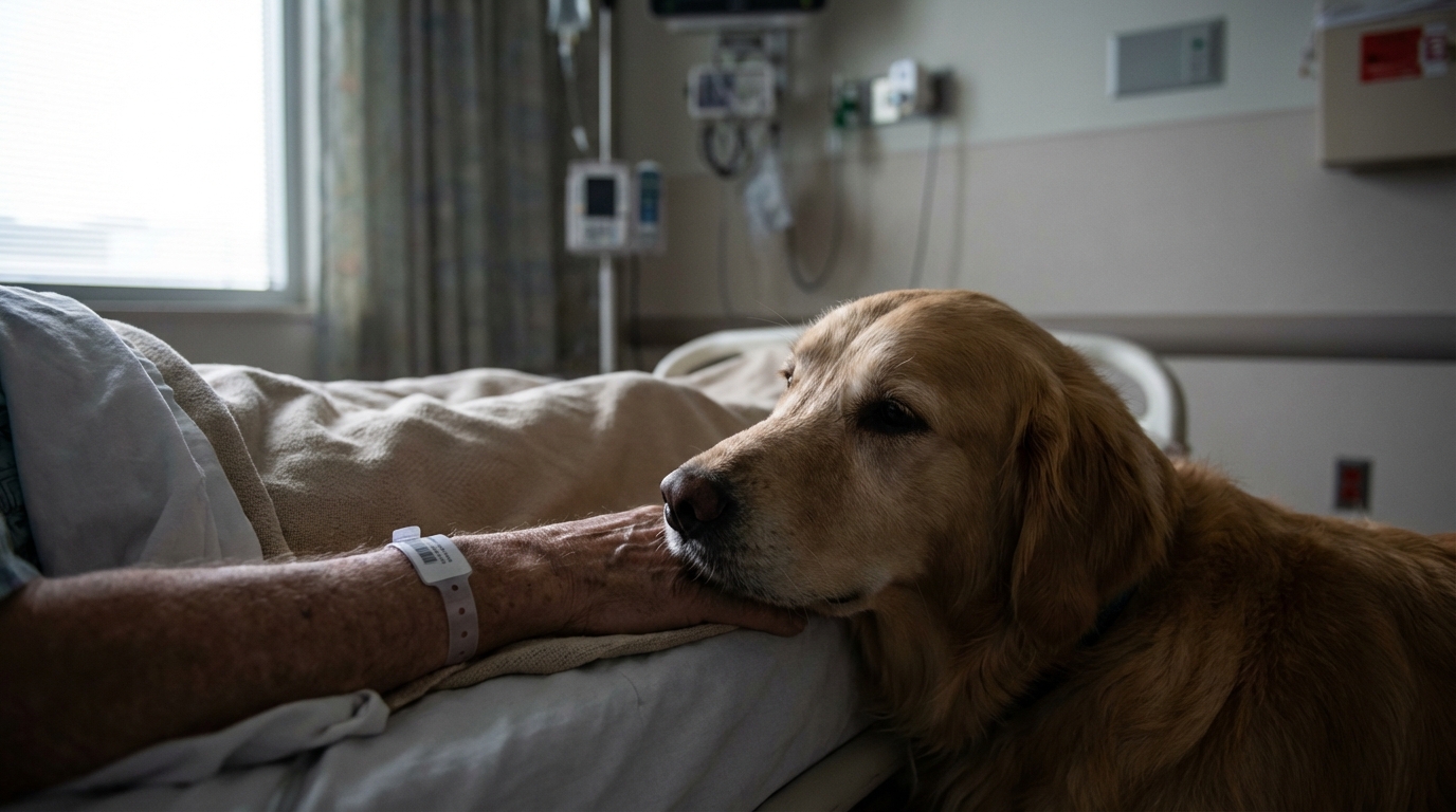 Un chien affectueux pose délicatement sa tête sur le lit d'un patient en réanimation, apportant un moment de tendresse.