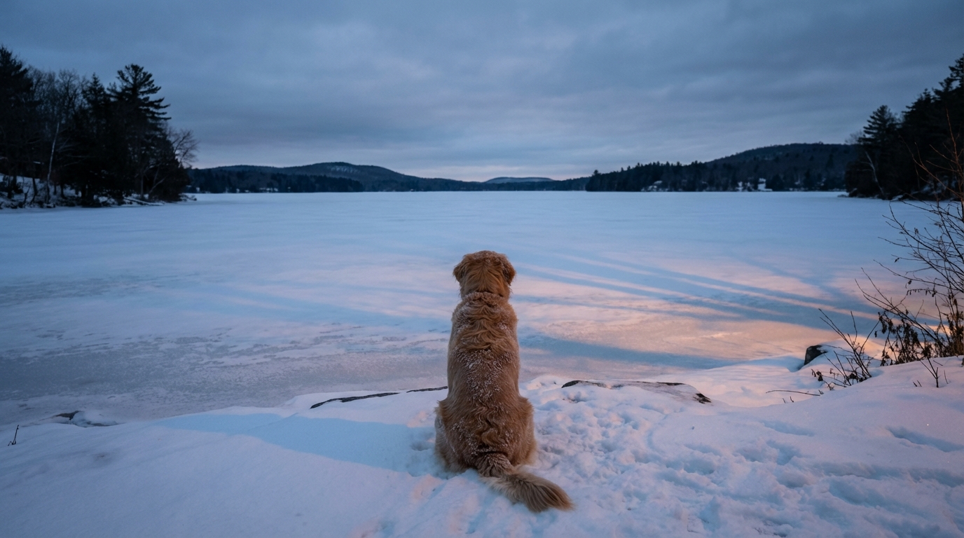 Un chien assis seul au bord d'un lac gelé et enneigé, regardant l'étendue blanche avec une expression pensive et triste.