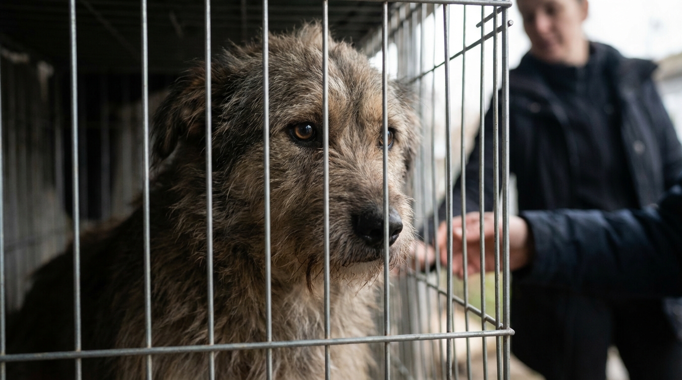 Un chien au regard triste mais plein d'espoir, secouru par une association de protection animale après une saisie.
