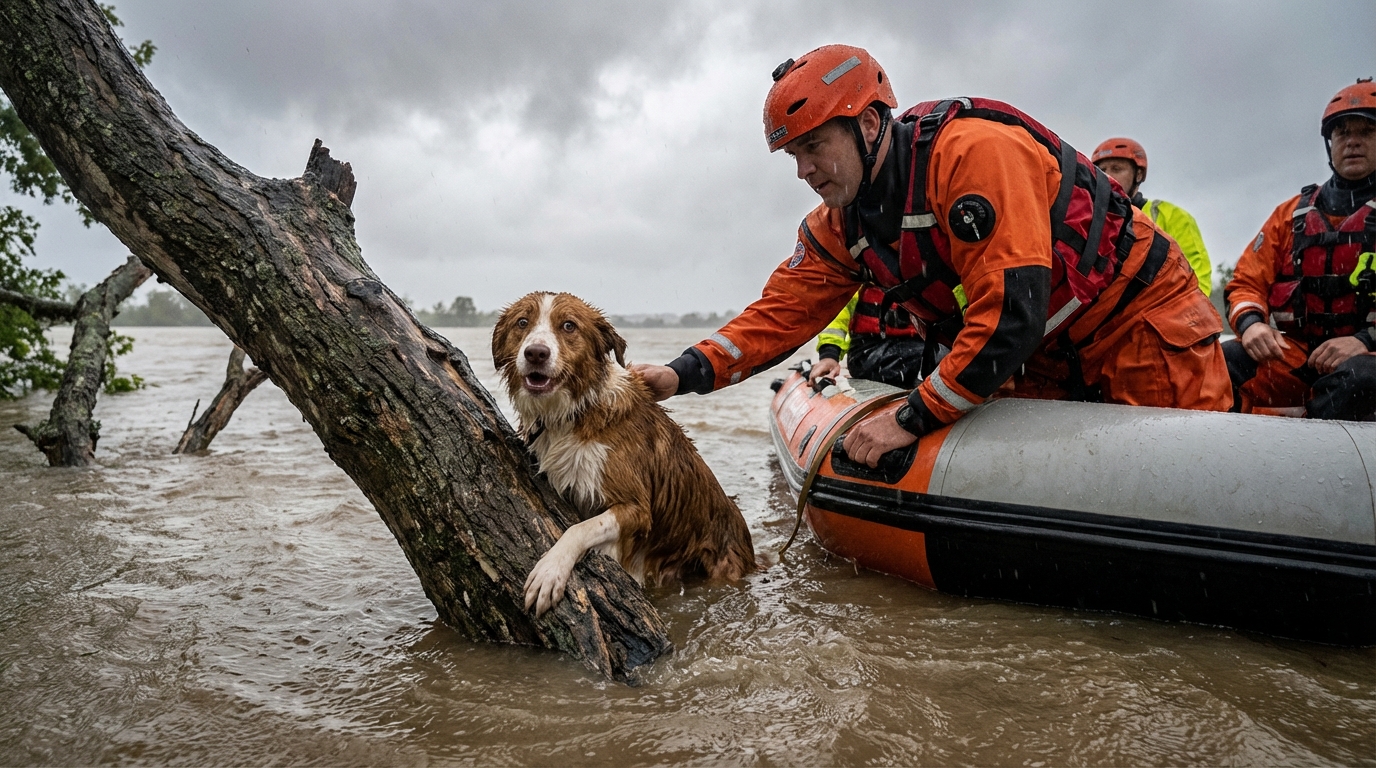 Un pompier en tenue de sauvetage aquatique tenant délicatement un chien effrayé et mouillé dans ses bras sur un bateau de secours.