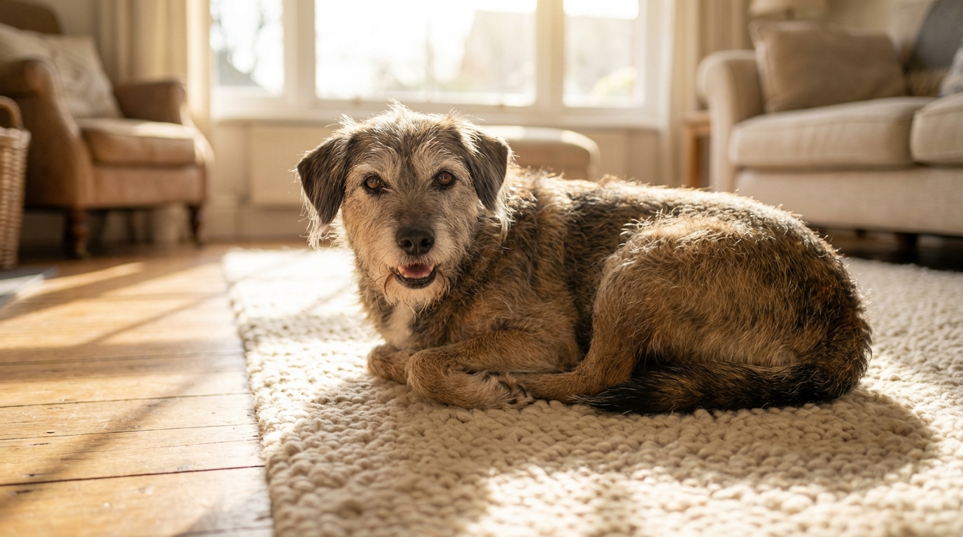 Un vieux chien au pelage gris, couché confortablement sur un canapé, regarde l'objectif avec un air apaisé et heureux.