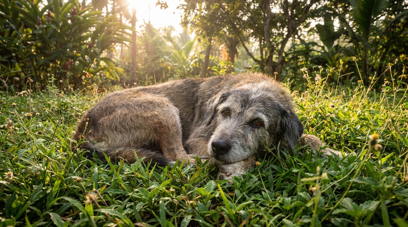 Un vieux chien au museau grisonnant est couché dans l'herbe verte d'un jardin ensoleillé, l'air paisible et reconnaissant.