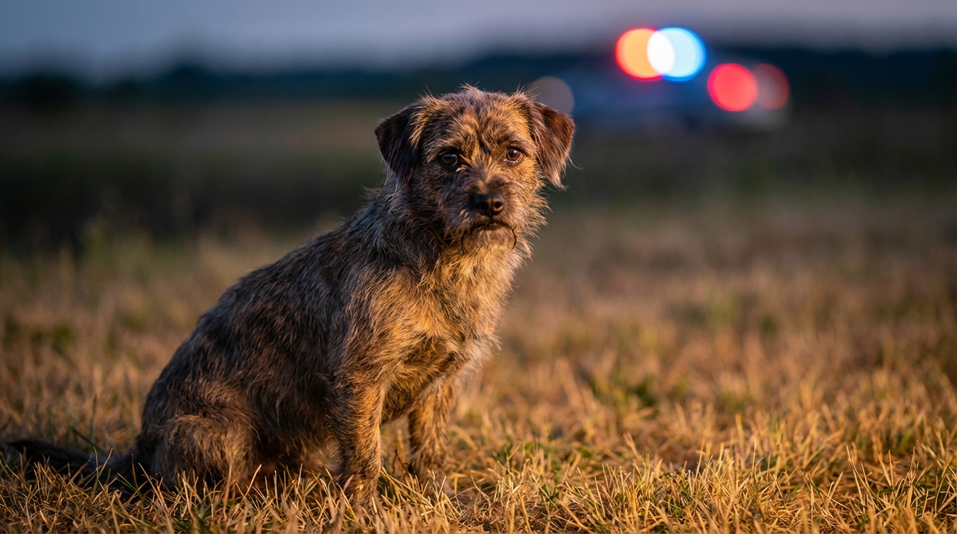Un petit chien au regard triste mais plein d'espoir, assis près de débris flous, symbolisant la survie après une tragédie.