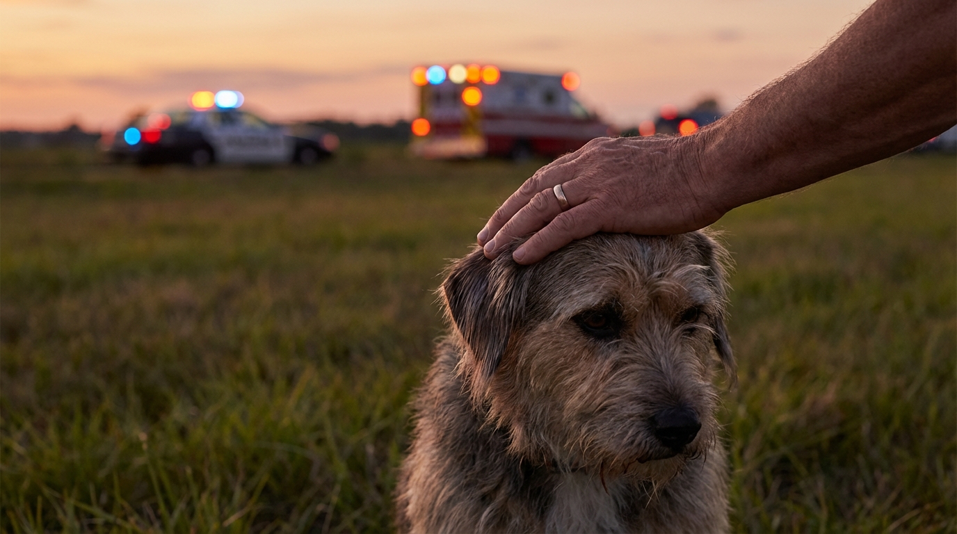 Un chien au regard triste et perdu, réconforté par une main humaine douce après avoir survécu à un terrible crash d'avion.