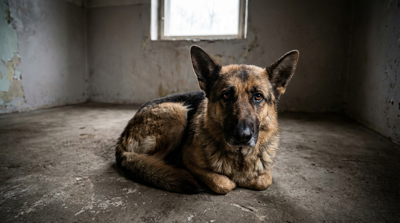 Un chien au regard infiniment triste, assis seul dans une pièce vide, symbolisant la douleur de l'abandon et de la trahison.