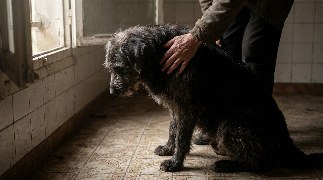 Un chien à l'air triste et vulnérable est doucement caressé par une main, symbolisant la justice et la protection des animaux victimes de maltraitance.