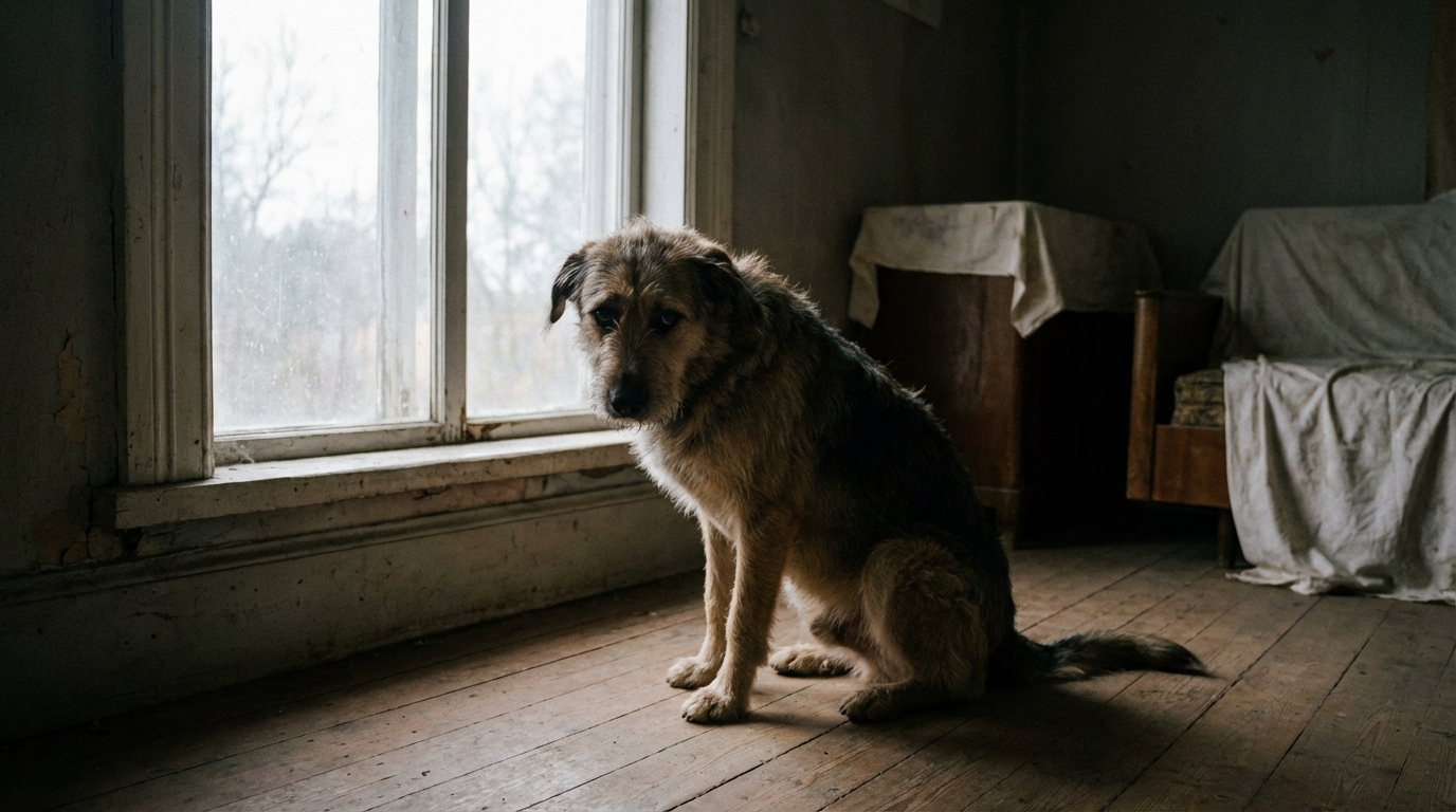 Un chien au regard mélancolique, symbole des animaux victimes de la violence humaine, attend que justice soit faite pour ses semblables.
