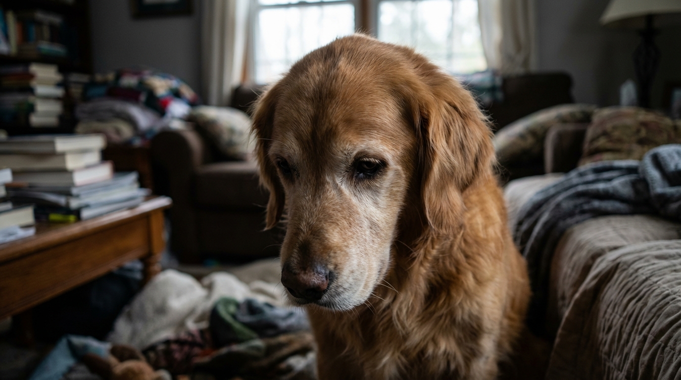 Chien au regard triste assis dans un appartement sombre évoquant la violence domestique.