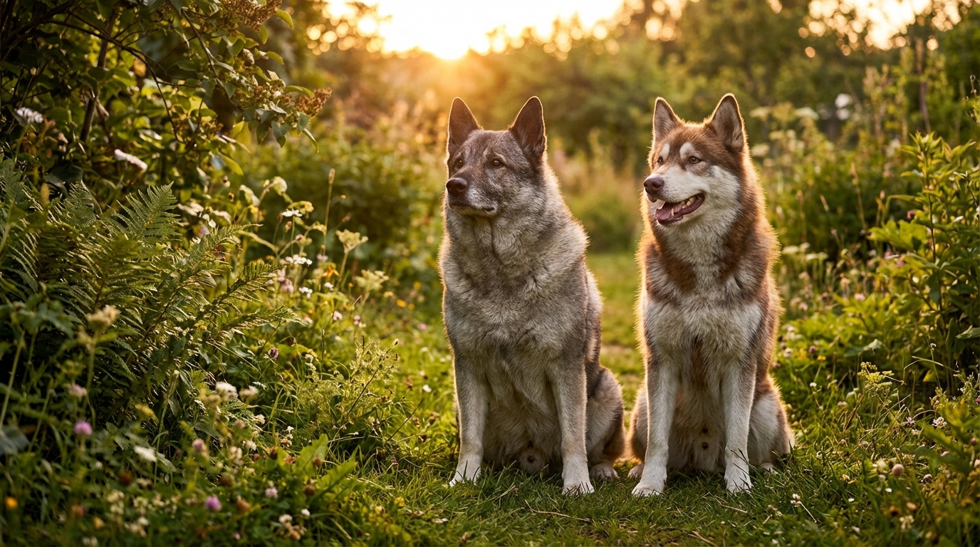 Ragnar et Rognar, deux chiens au physique impressionnant et à l'air malicieux, assis côte à côte dans un jardin verdoyant.