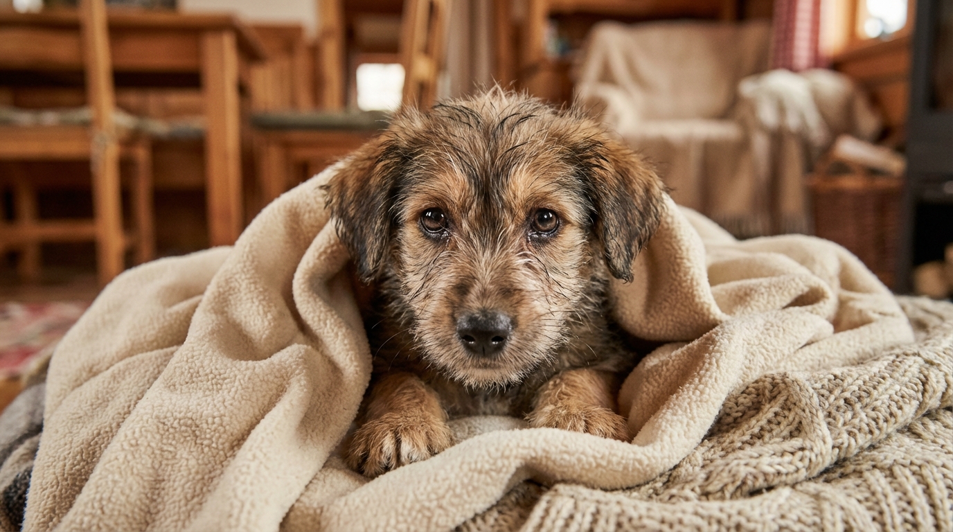 Un adorable chiot au regard triste mais plein d'espoir, blotti dans une couverture chaude après son sauvetage.