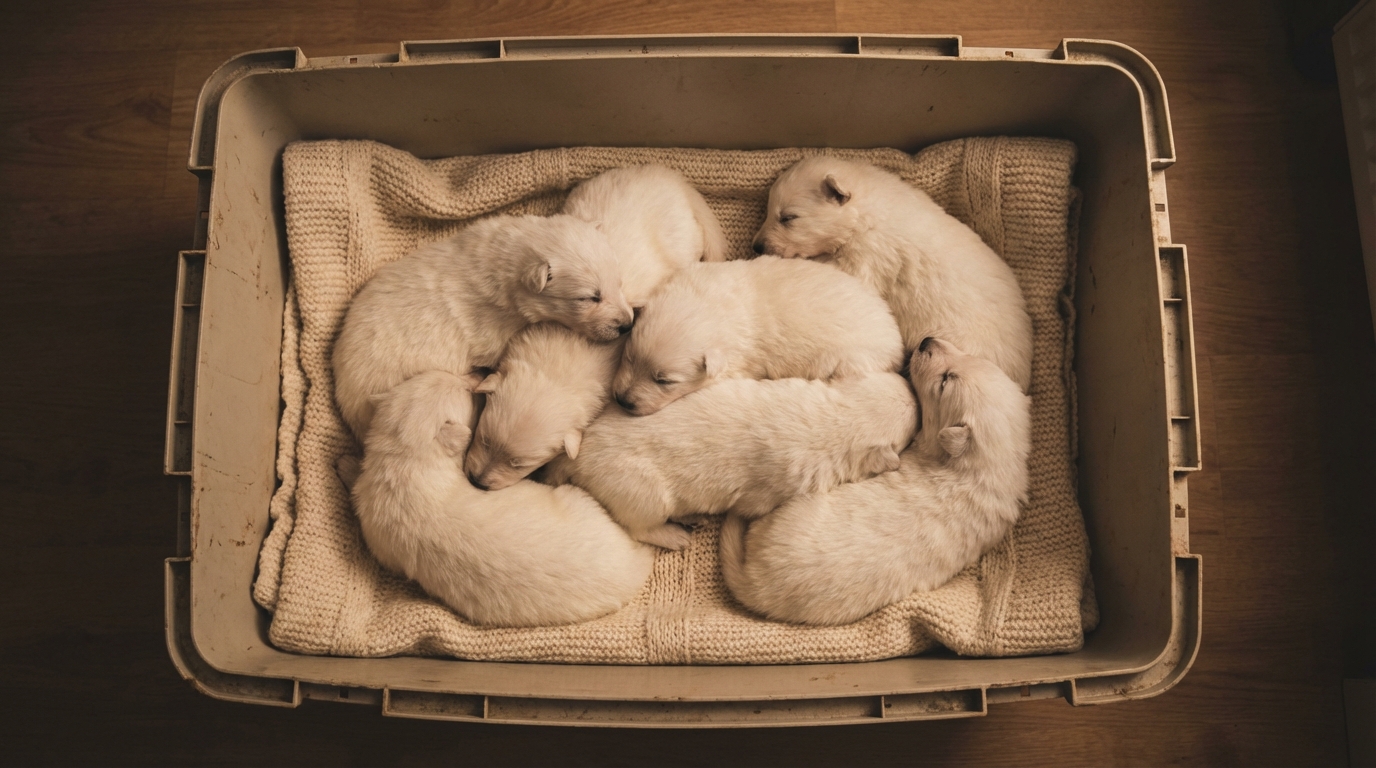 Une portée de chiots Berger Blanc Suisse blottis les uns contre les autres dans une caisse, en sécurité après un sauvetage émouvant.