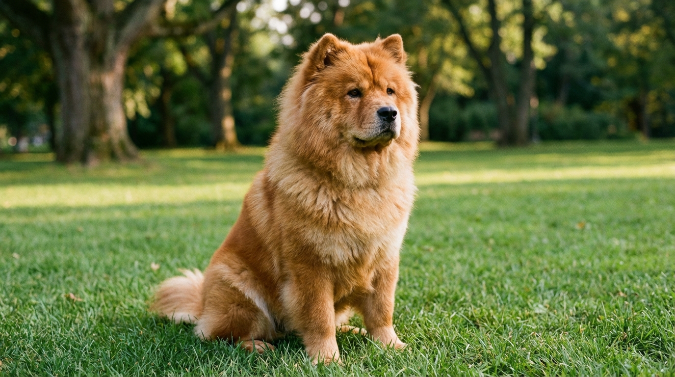 Chow Chow roux concentré exécutant un ordre de dressage avancé dans un parc verdoyant. Obéissance et intelligence démontrées.