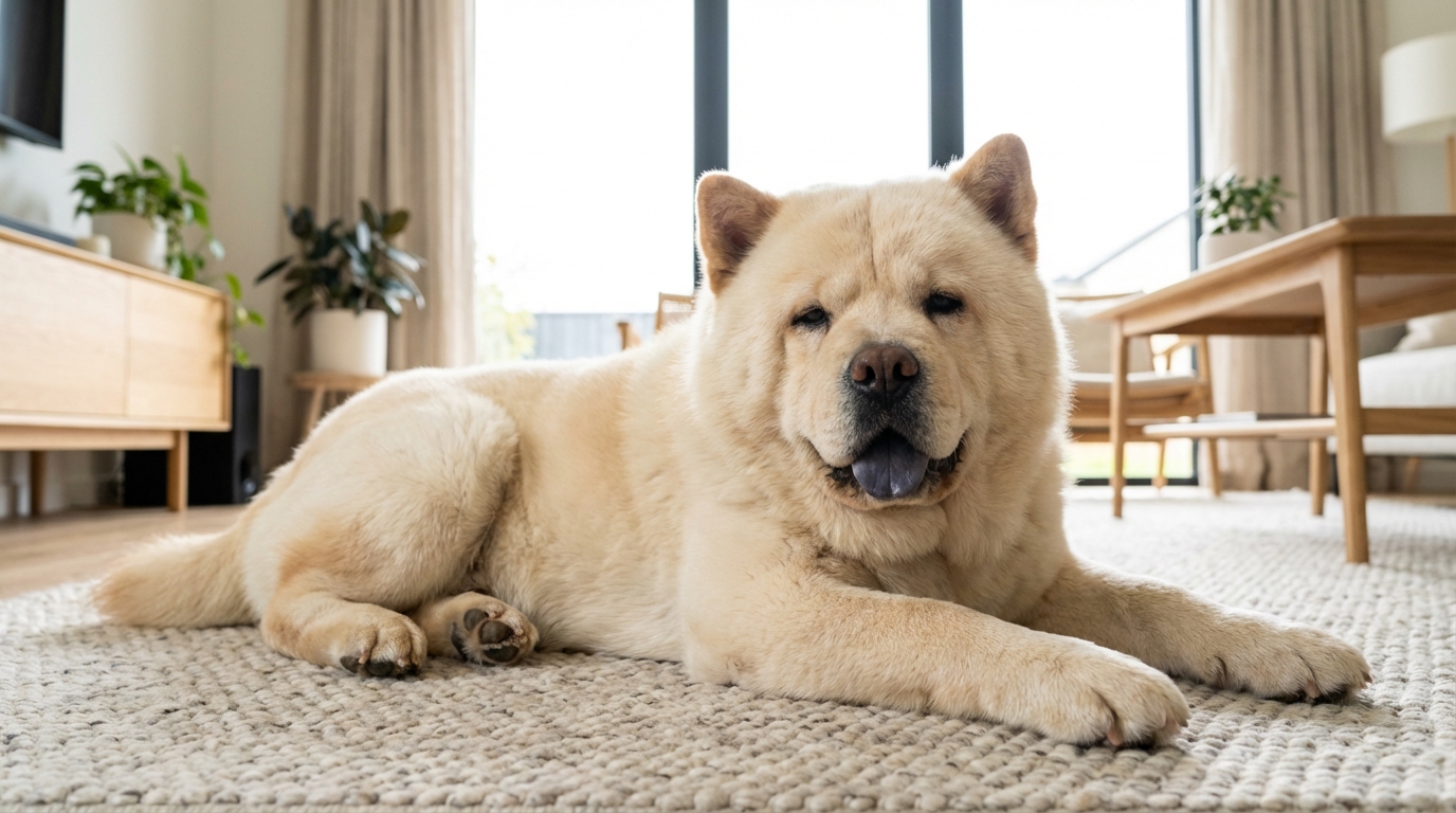 Chow Chow à poil court adulte, calme et bien entretenu, posant détendu en intérieur, soulignant sa facilité de soin au quotidien.