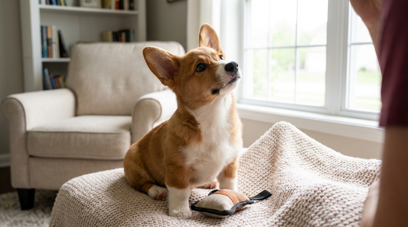 Corgi attentif en pleine séance d'éducation dans un salon, montrant son apprentissage pour devenir un compagnon équilibré.