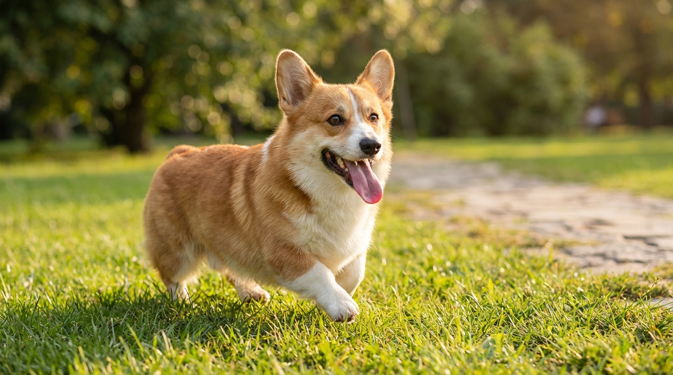 Un adorable Corgi Pembroke roux et blanc, joyeux et énergique, jouant dans un parc verdoyant et ensoleillé, illustrant ses besoins physiques pour une vie heureuse.