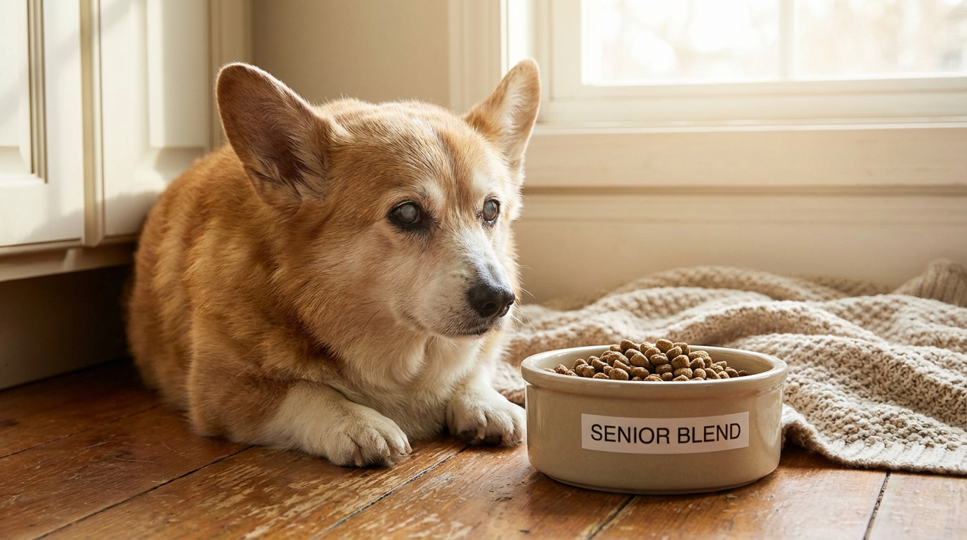 Corgi senior heureux et en bonne santé mangeant dans sa gamelle, illustrant une alimentation adaptée pour une vie longue et épanouie.