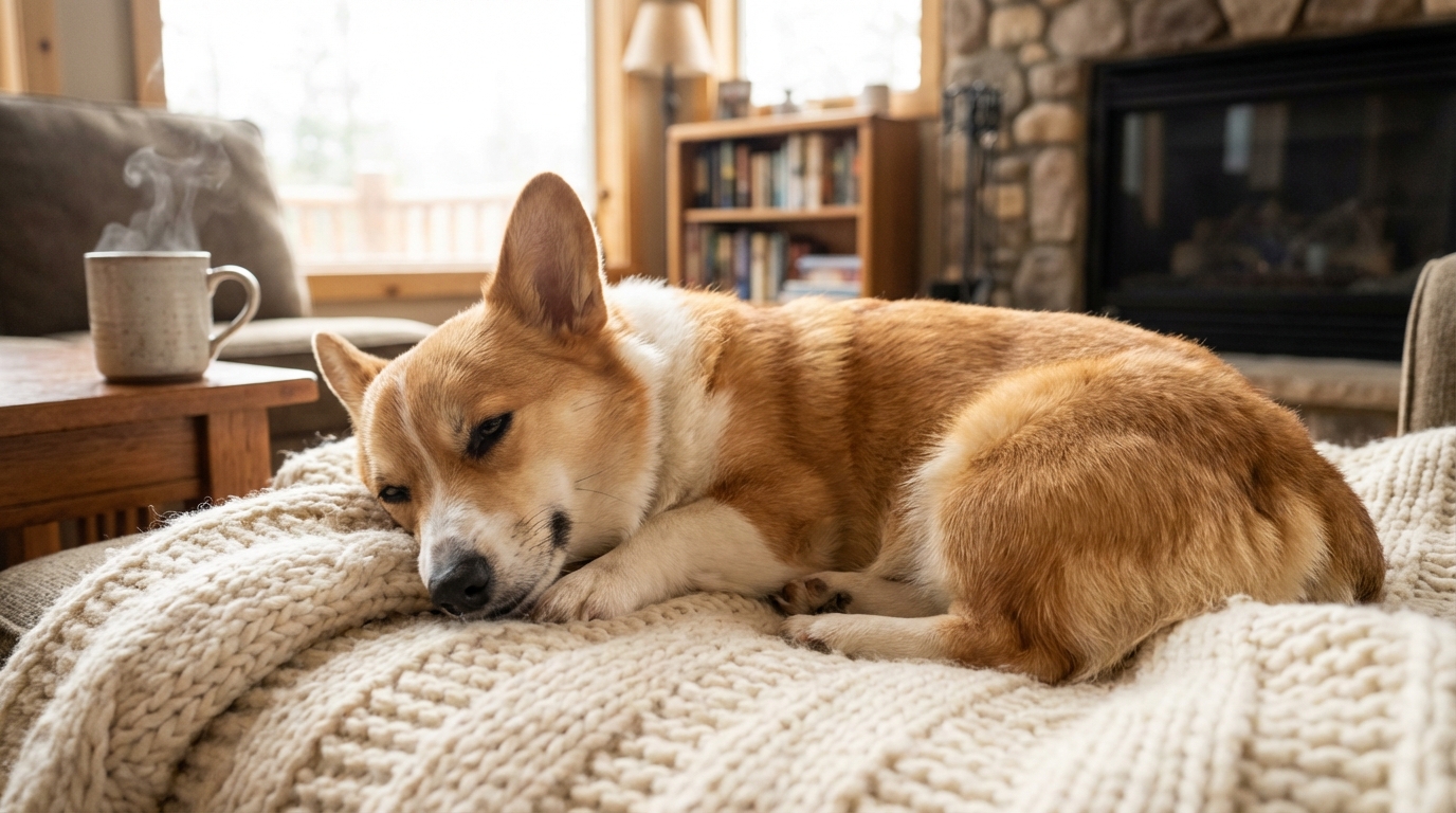 Corgi Pembroke roux et blanc, apaisé et serein, confortablement installé. Illustre le bien-être et la gestion du stress chez les corgis.