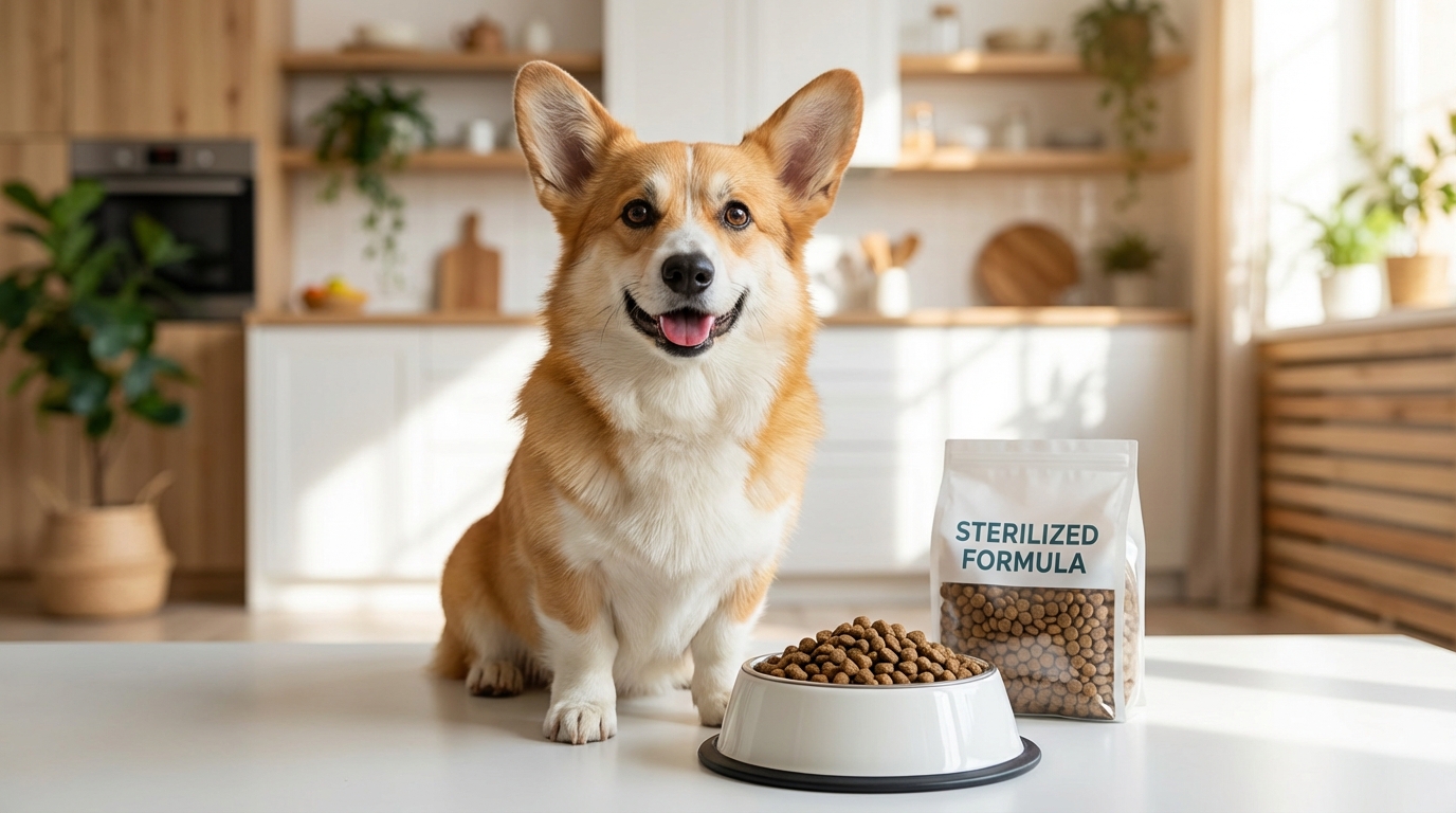 Corgi stérilisé regardant sa portion de croquettes équilibrées. Aide à contrôler le poids et la santé après stérilisation.