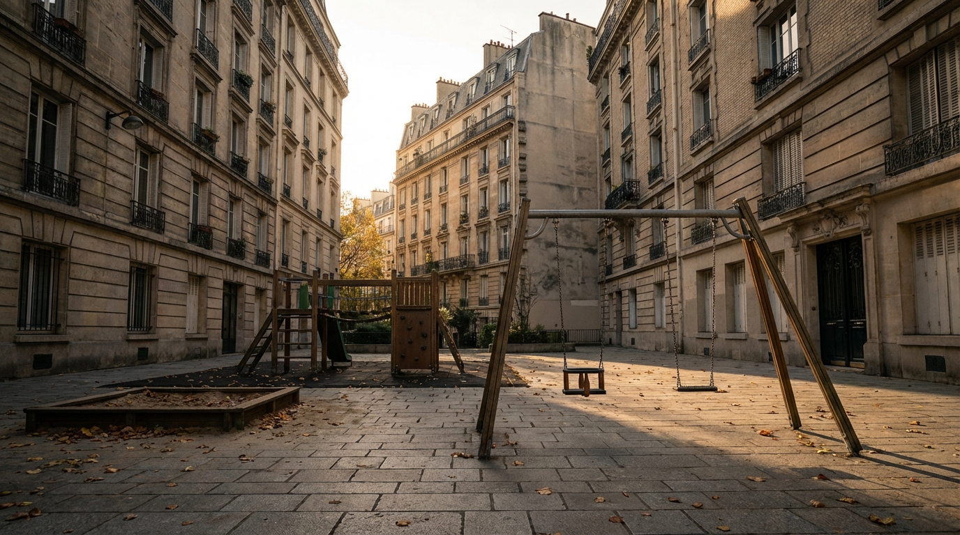 Une aire de jeux pour enfants vide dans une cour d'immeuble parisien, évoquant la tristesse et le silence après un événement tragique.