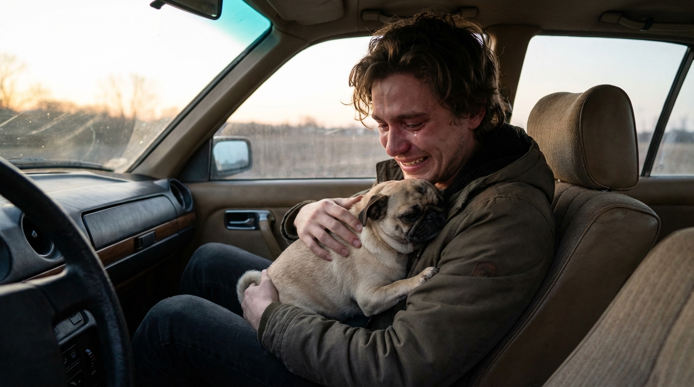 L'influenceur Cyril Schreiner serre tendrement son carlin Albert dans ses bras après leurs émouvantes retrouvailles.