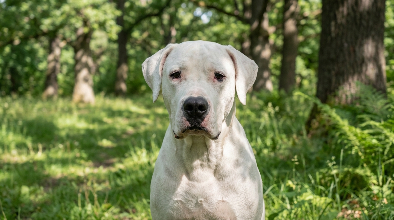 Un chien de race dogue argentin blanc, assis dans un jardin, avec une expression douce et mélancolique dans les yeux, symbolisant Tina.