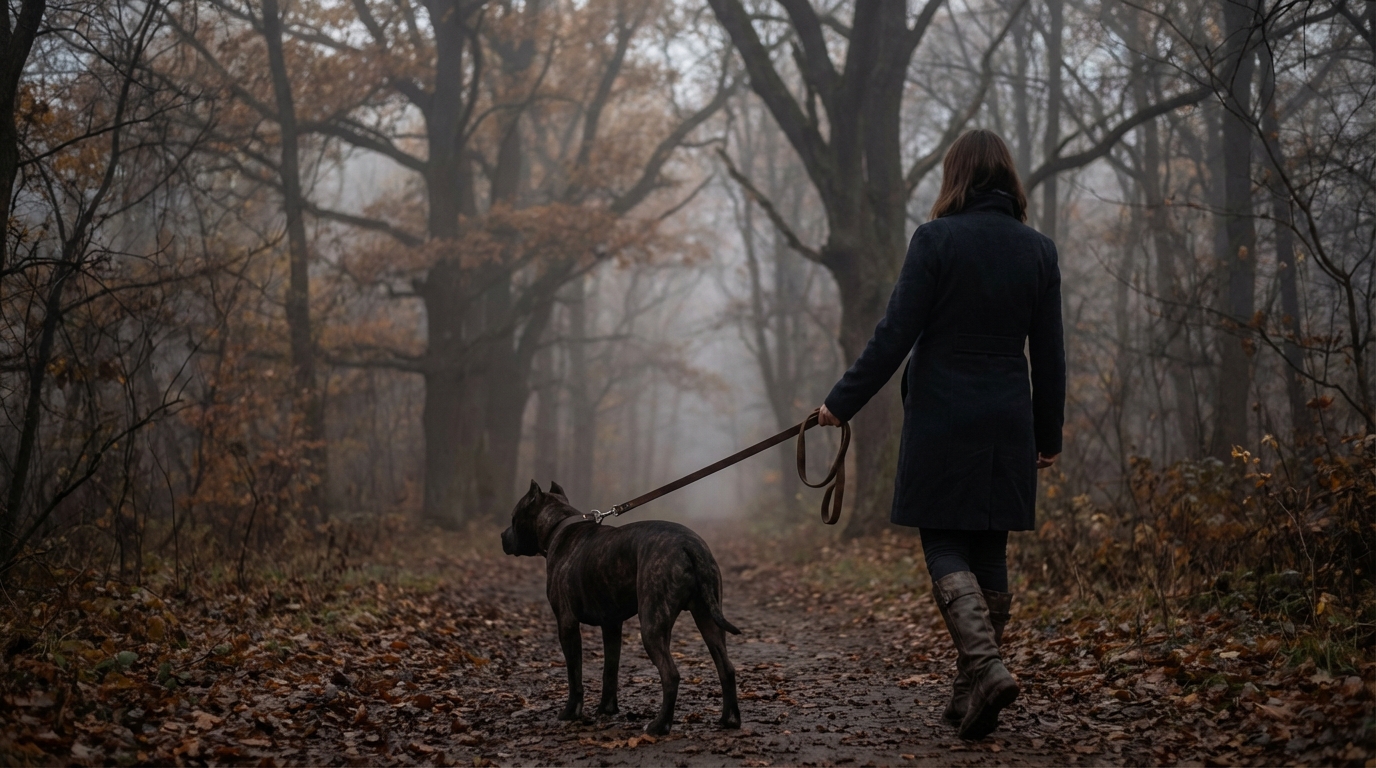 Silhouette d'une femme se promenant avec un puissant chien de type pitbull dans une forêt sombre et brumeuse, évoquant un sentiment de solitude.