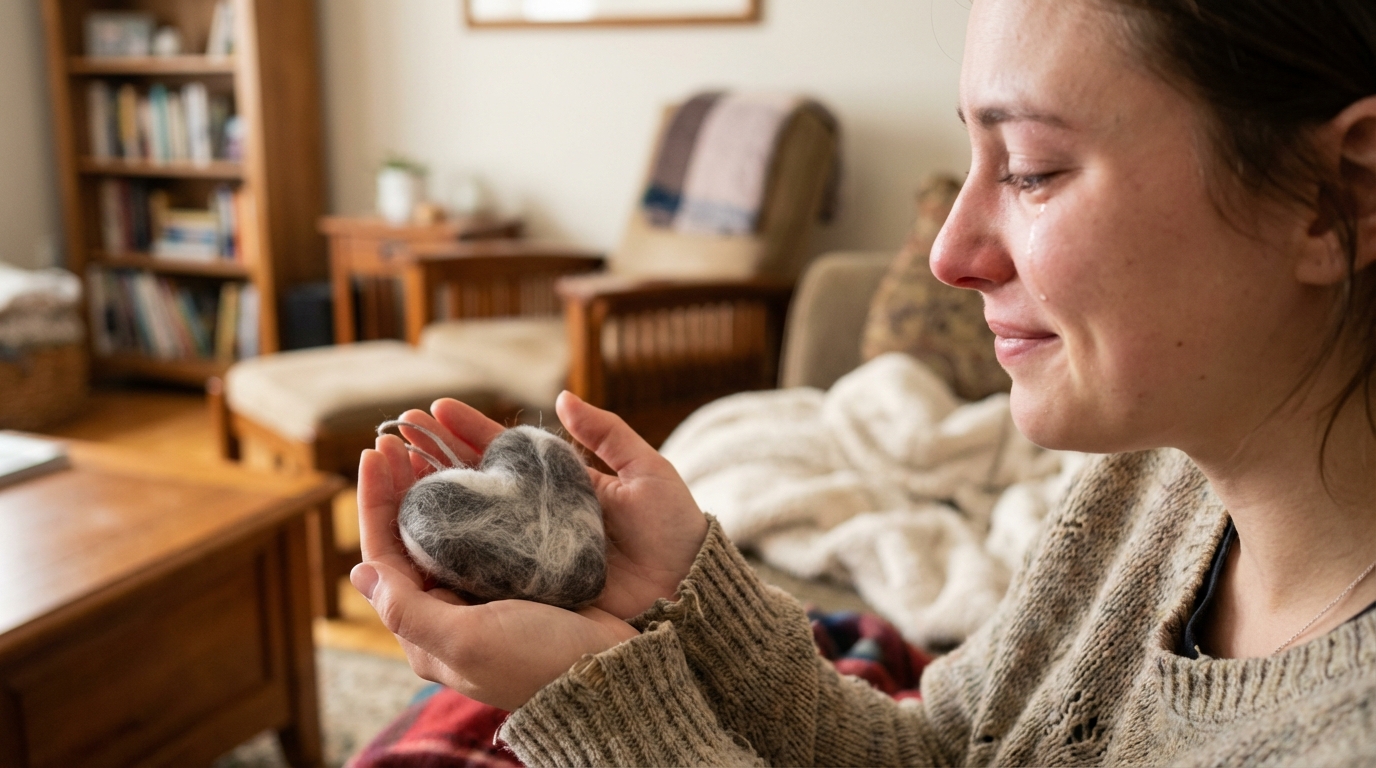 Une jeune femme en pleurs serre tendrement dans sa main un petit cœur fait de la fourrure de son chat décédé, en souvenir de leur lien.