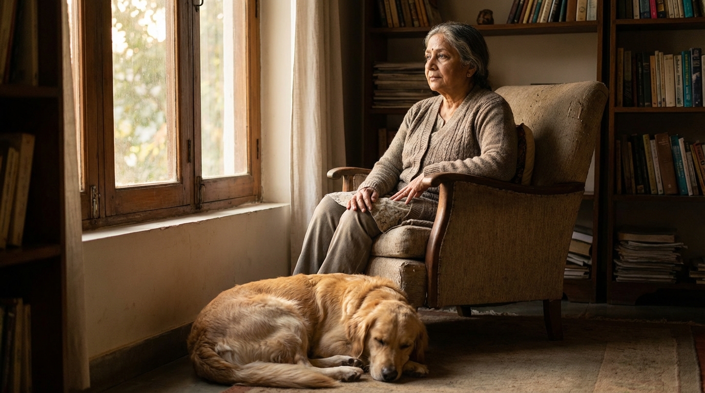 Une femme montrant de la résilience après une grave maladie, assise près d'une fenêtre avec son chien, symbolisant un lien complexe.