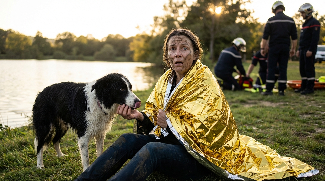 Une femme emmitouflée dans une couverture de survie est assise au bord de l'eau, son chien mouillé mais en sécurité blotti contre elle.