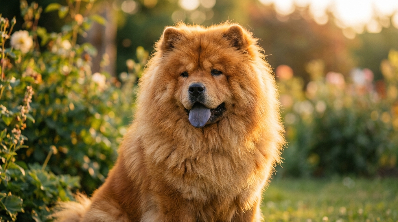 Majestueux chien Chow Chow adulte au pelage roux-doré, assis calmement dans un parc ensoleillé. Découvrez cette race unique.