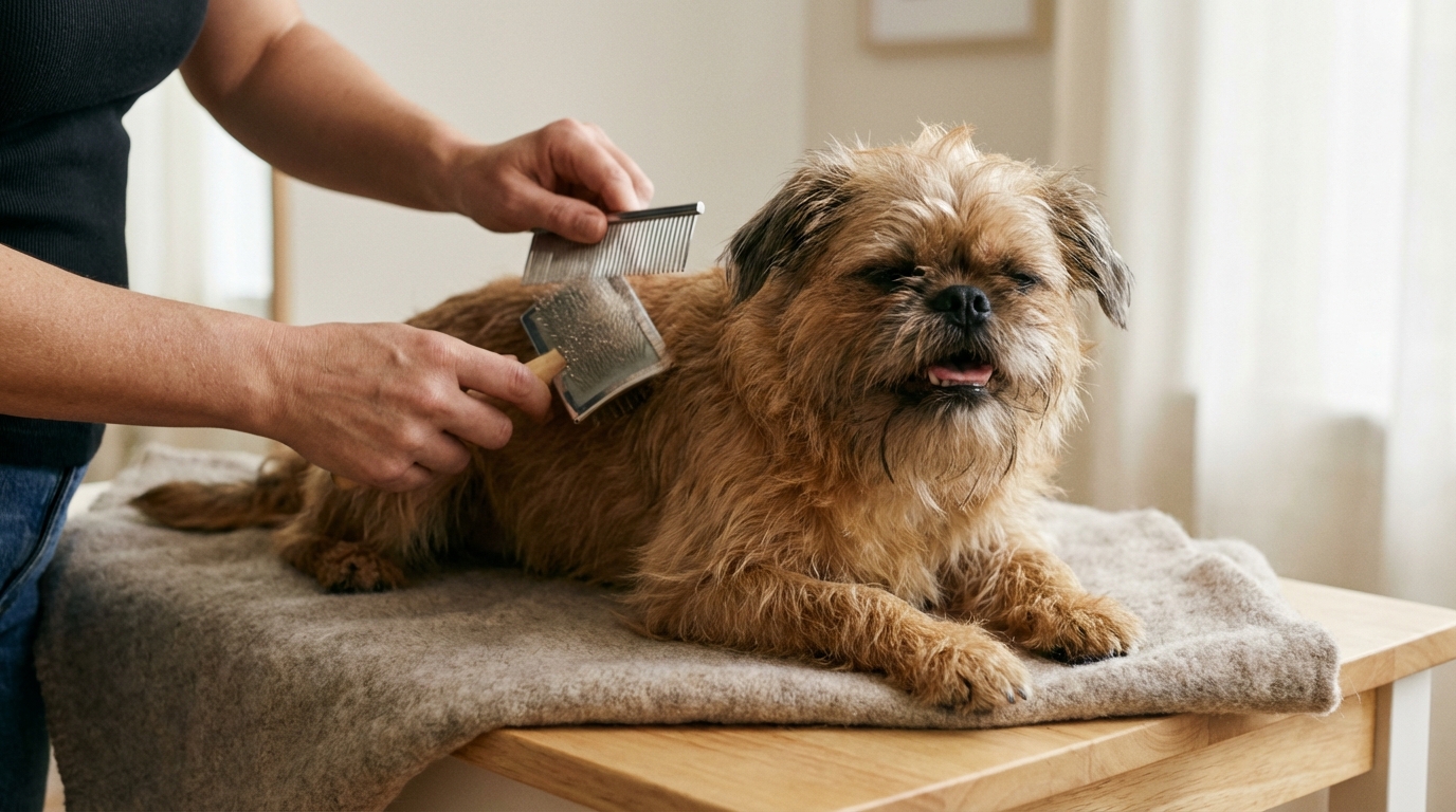 Griffon au pelage dur en plein démêlage doux par son propriétaire. Techniques et outils pour un toilettage sans stress.