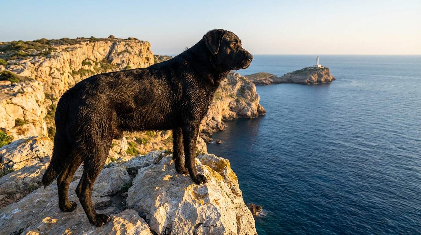 Chien de Berger de Majorque noir debout sur une falaise aux Baléares