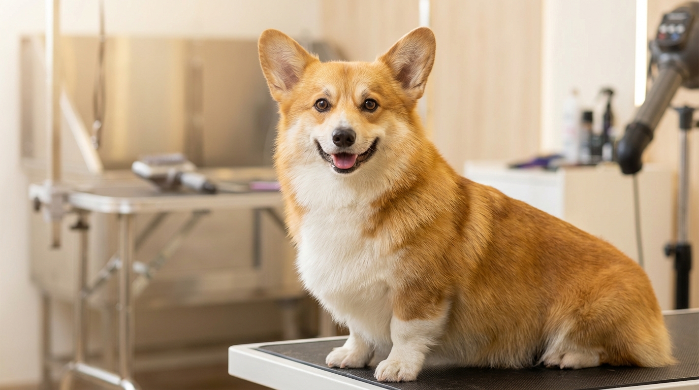 Corgi heureux et bien toiletté dans un salon professionnel, son pelage impeccable témoigne d'un toilettage expert.