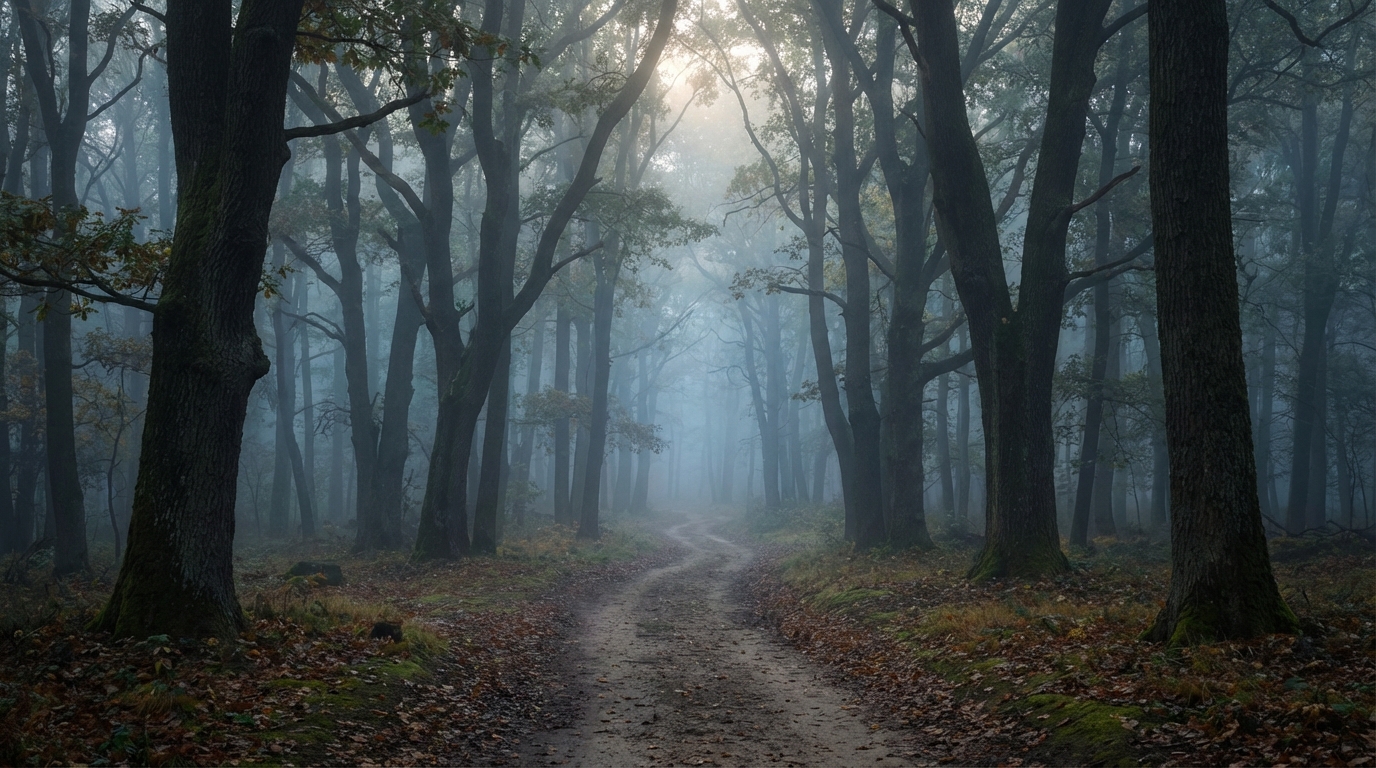 Un sentier forestier brumeux et silencieux, évoquant le lieu du drame d'Elisa Pilarski et de son chien Curtis.