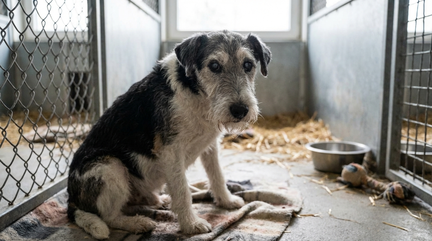 Un fox-terrier âgé au pelage blanc et noir regarde tristement à travers les barreaux de son box, symbolisant la détresse d'Angus, volé à la SPA.