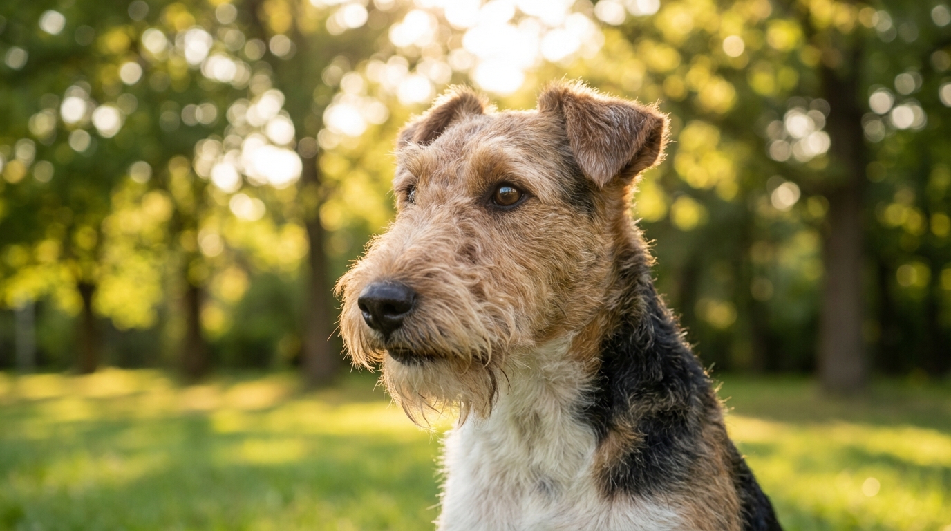 Un adorable fox-terrier au regard vif et curieux, assis sagement dans l'herbe, symbolisant l'espoir et la sécurité retrouvée.