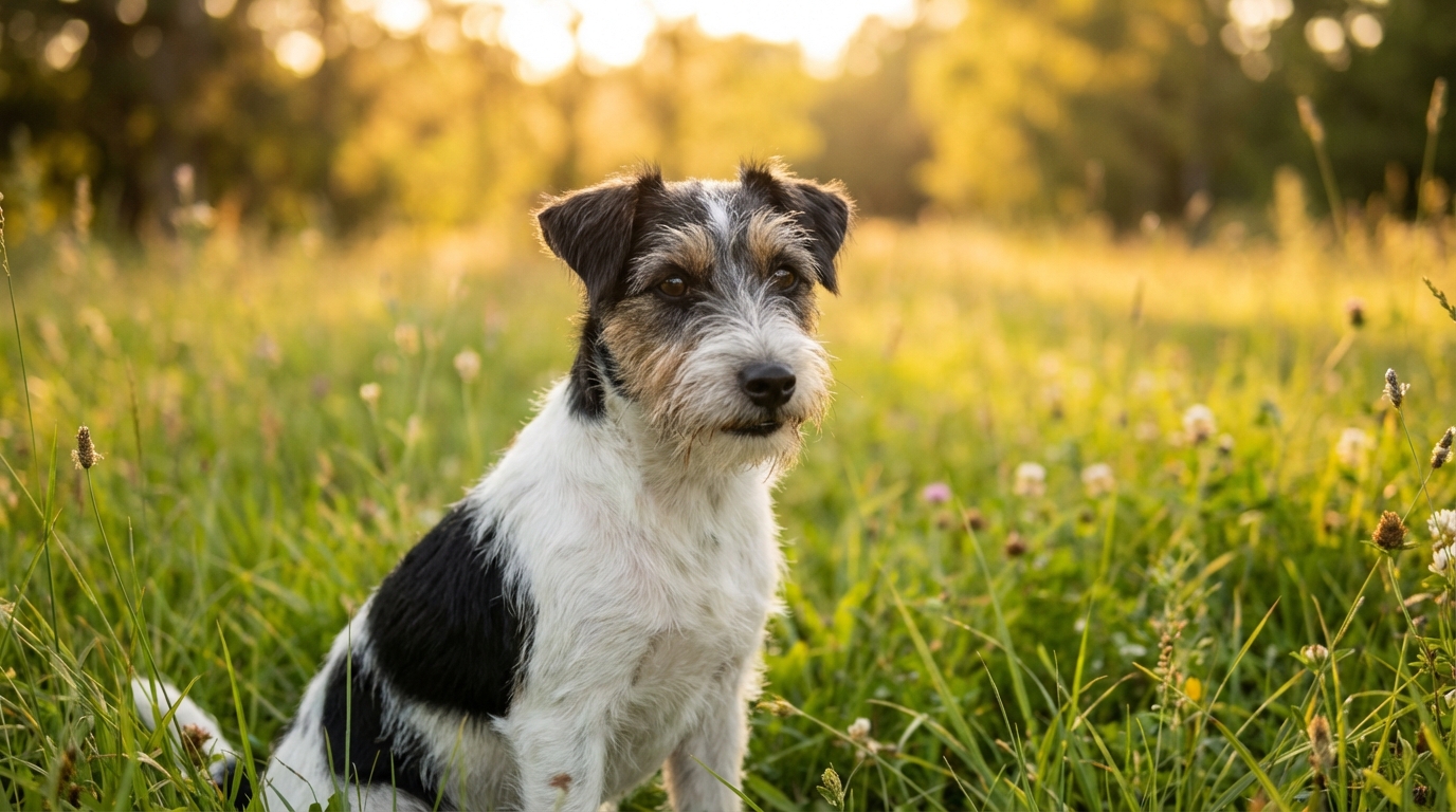 Le petit fox-terrier Angus, au regard vif, assis sur de l'herbe après avoir été retrouvé sain et sauf par le refuge de la SPA.