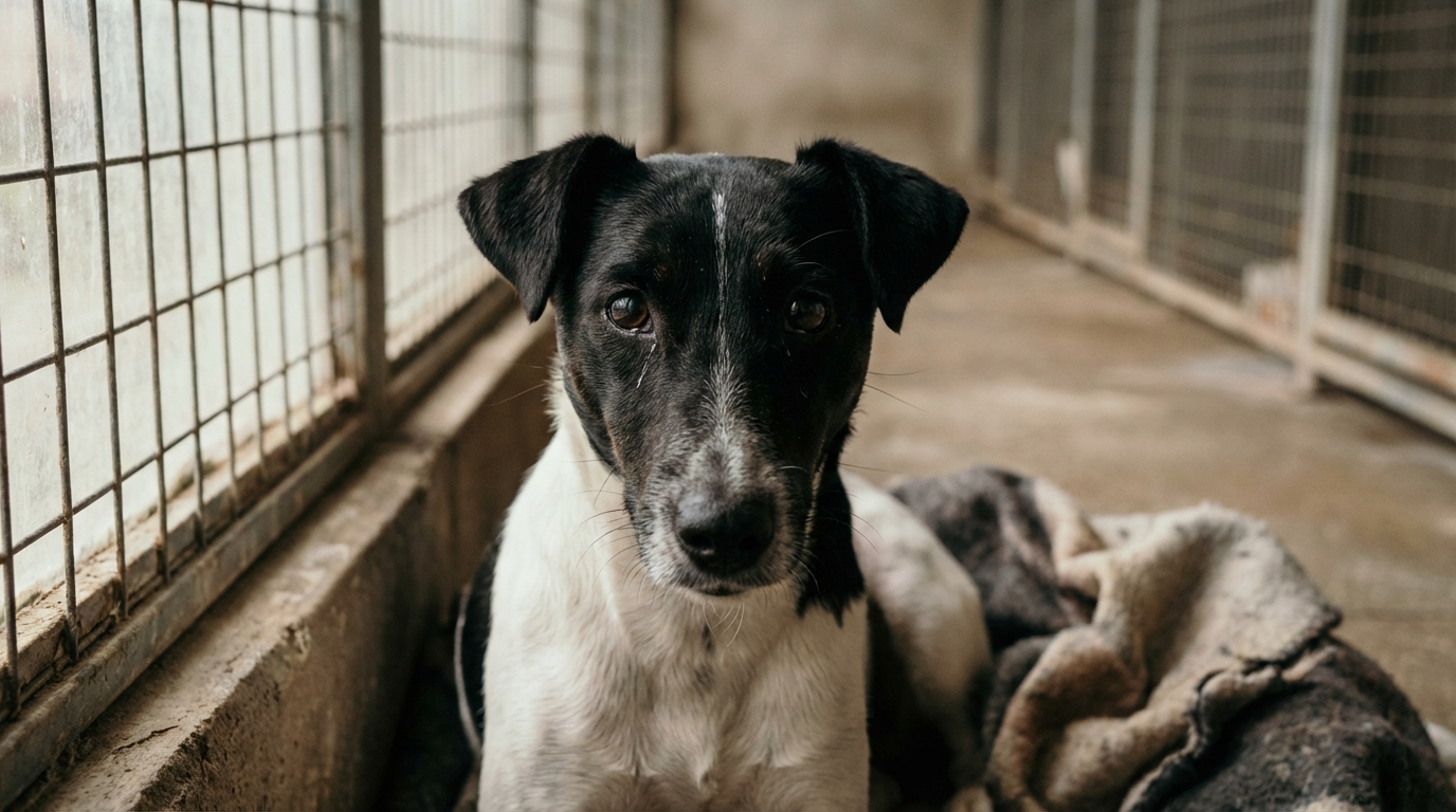 Un adorable fox-terrier à poil lisse avec un regard inquiet, assis dans son panier au refuge, symbolisant le chien Angus volé.