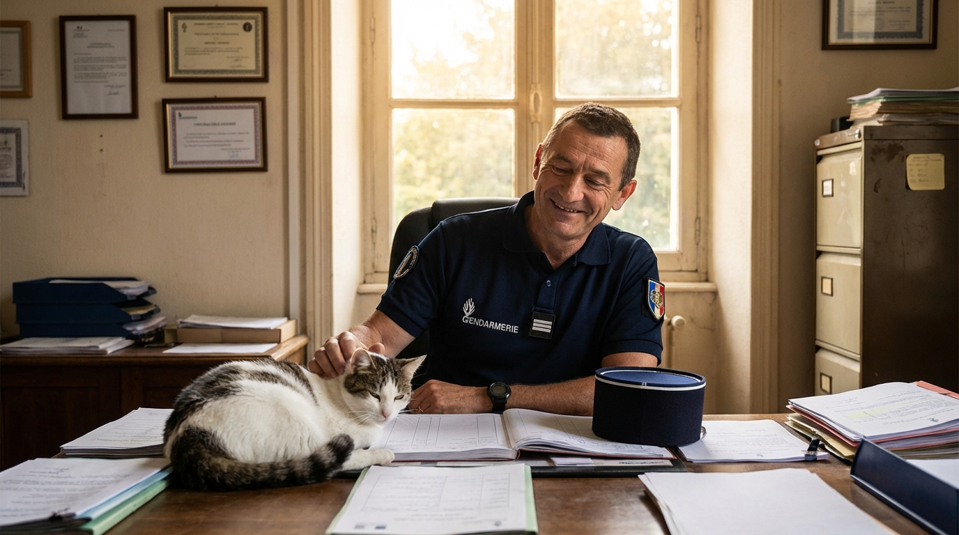 Un gendarme en uniforme sourit en caressant doucement un chat blanc et tabby assis sur un bureau dans les locaux d'une gendarmerie.