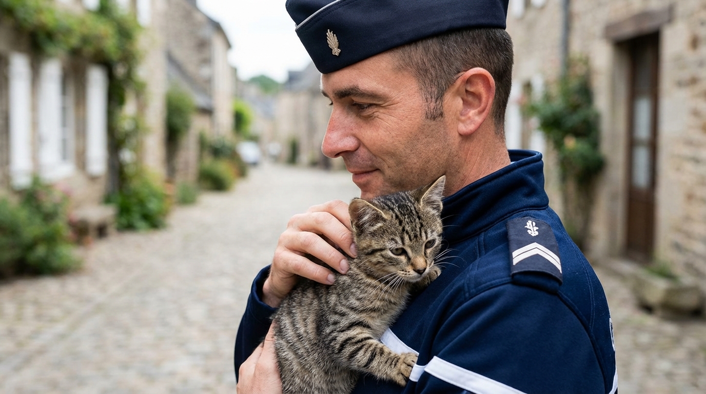 Un gendarme français en uniforme tient délicatement un chat tigré dans ses bras, symbolisant le sauvetage et la justice pour les animaux.