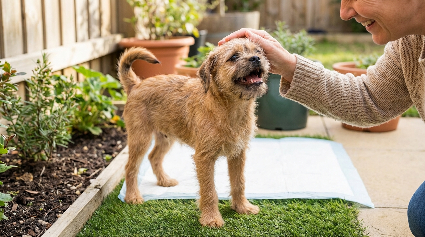 Griffon chiot apprenant la propreté, regard heureux, félicité par son maître. Scène d'éducation canine positive pour réussir l'apprentissage du pot.