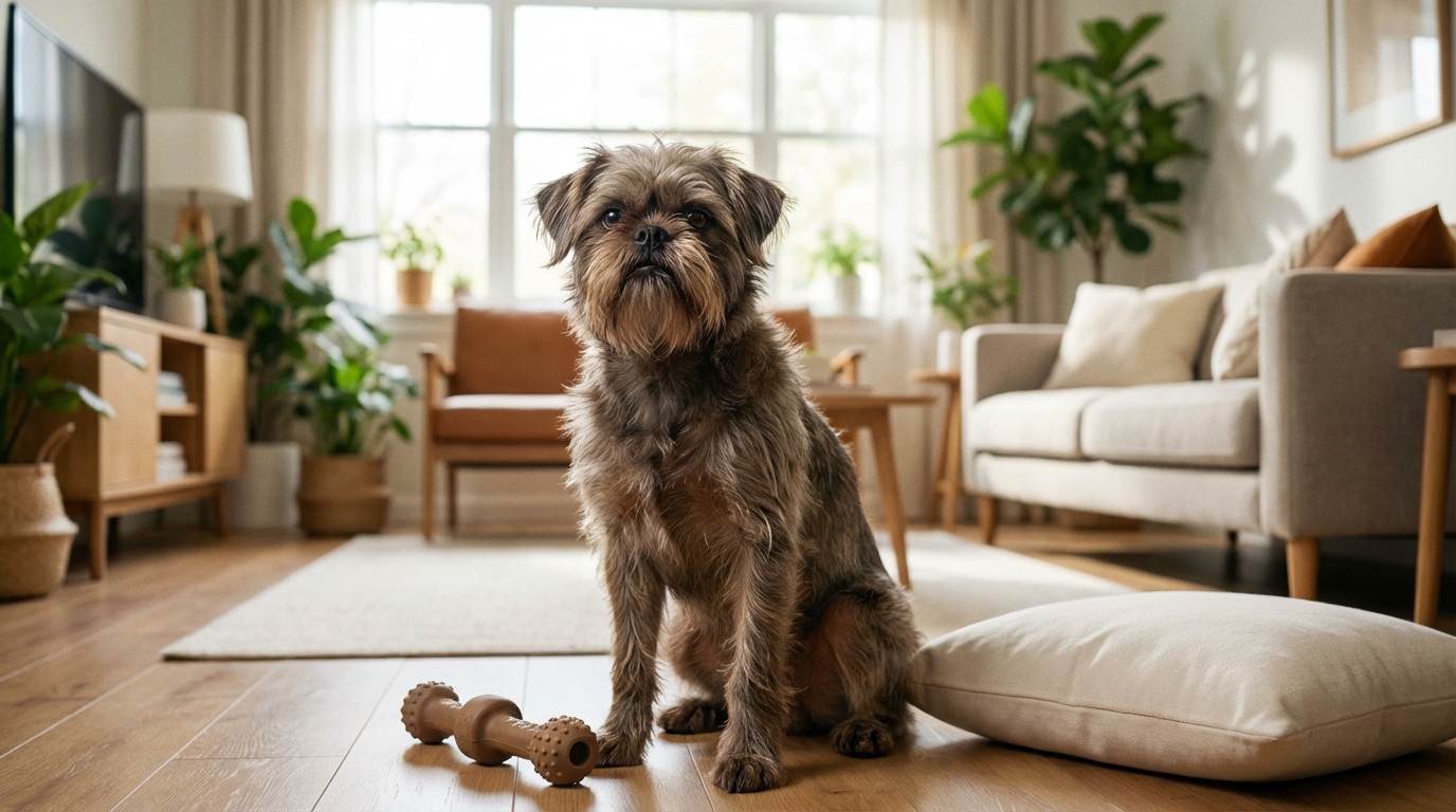 Griffon assis calmement à côté de son jouet, illustrant la résolution des comportements destructeurs du chien. Causes et solutions pour un quotidien apaisé avec un Griffon.