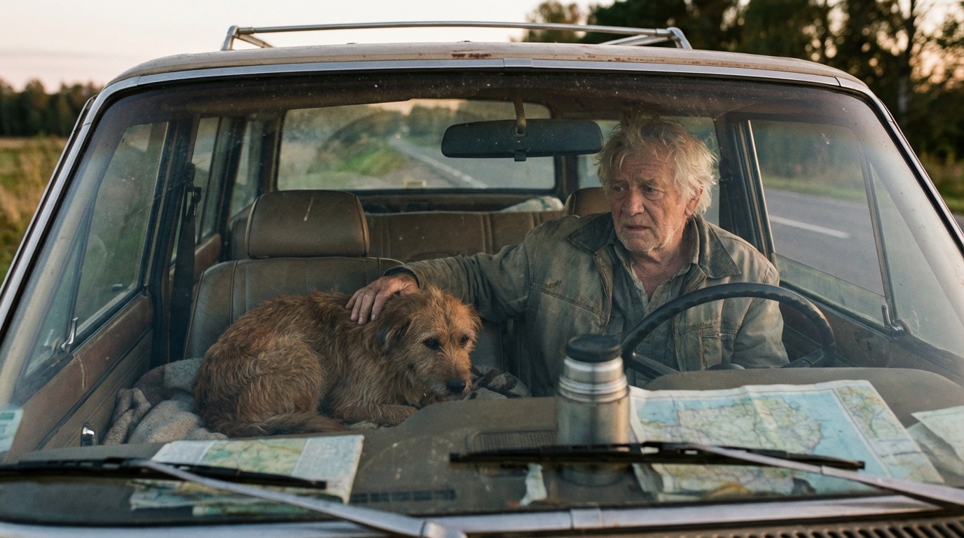 Un homme âgé aux cheveux blancs, le visage empreint d'inquiétude, caresse doucement son chien loyal couché sur le siège d'une voiture.
