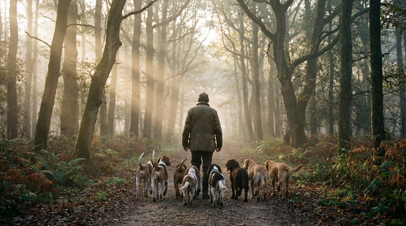 Un homme vu de dos marche avec plusieurs chiens dans une forêt, symbolisant la solitude et la recherche de vérité avant un procès.